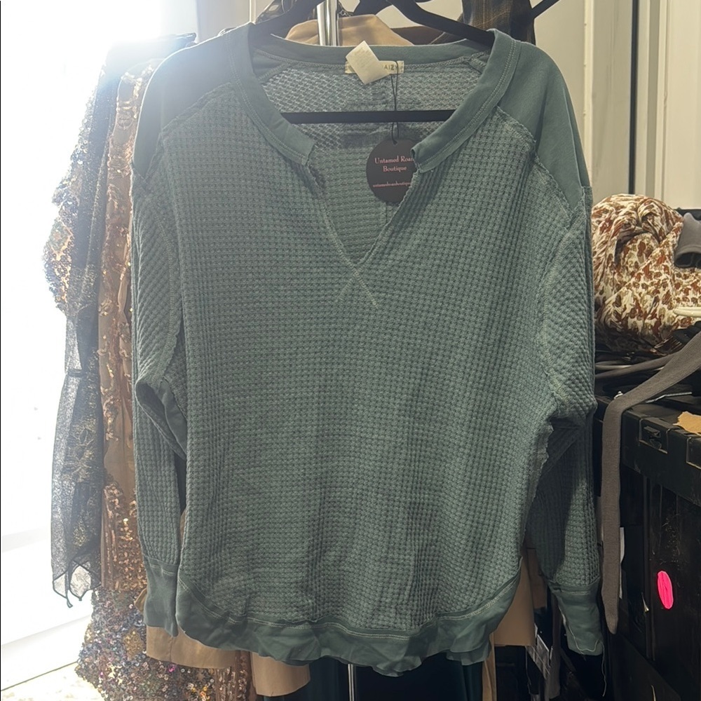 Casual Long Sleeve Waffle Knit Top in Green